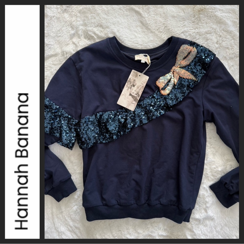 NWT Hannah Banana Sequin Ruffle Bow Sweatshirt ~Navy